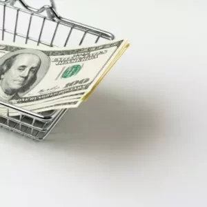 toy shopping cart with american dollars inside purchasing power and living wage concept